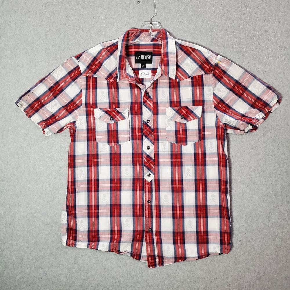 XXX Rude Men Button Up Shirt Large Red Plaid Skull Short Sleeve READ